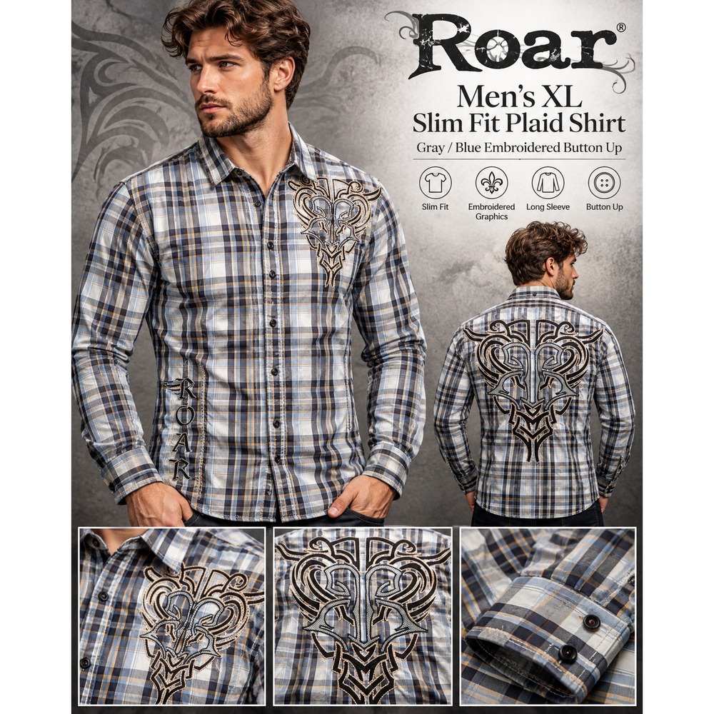 Y2K Roar Shirt Men XL Gray Plaid Embroidered Cross Western Slim Fit Long Sleeve
